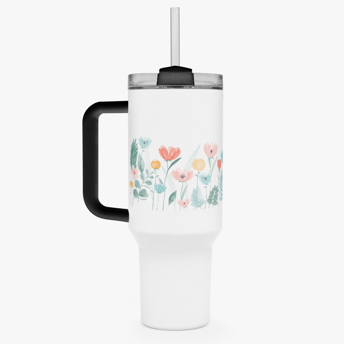 Cană termos cu mâner și pai personalizată cu nume - Flowers