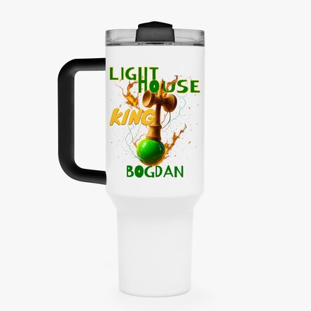 Cană termos cu mâner și pai personalizată cu nume - Lighthouse King
