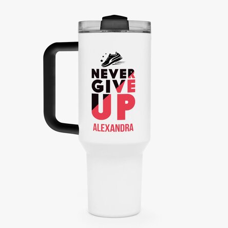 Cană termos cu mâner și pai personalizată cu nume - Never give up