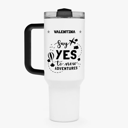 Cană termos cu mâner și pai personalizată cu nume - New Adventures