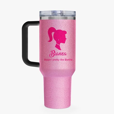 Cană termos cu mâner și pai personalizată cu text - Barbie
