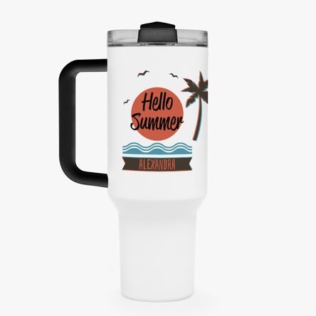 Cană termos cu mâner și pai personalizată cu text - Summer vibes