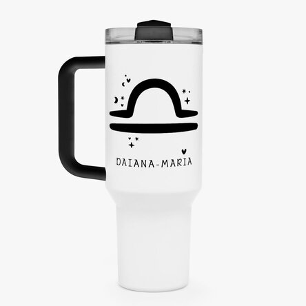 Cană termos cu mâner și pai personalizată cu text - Zodia Balanță