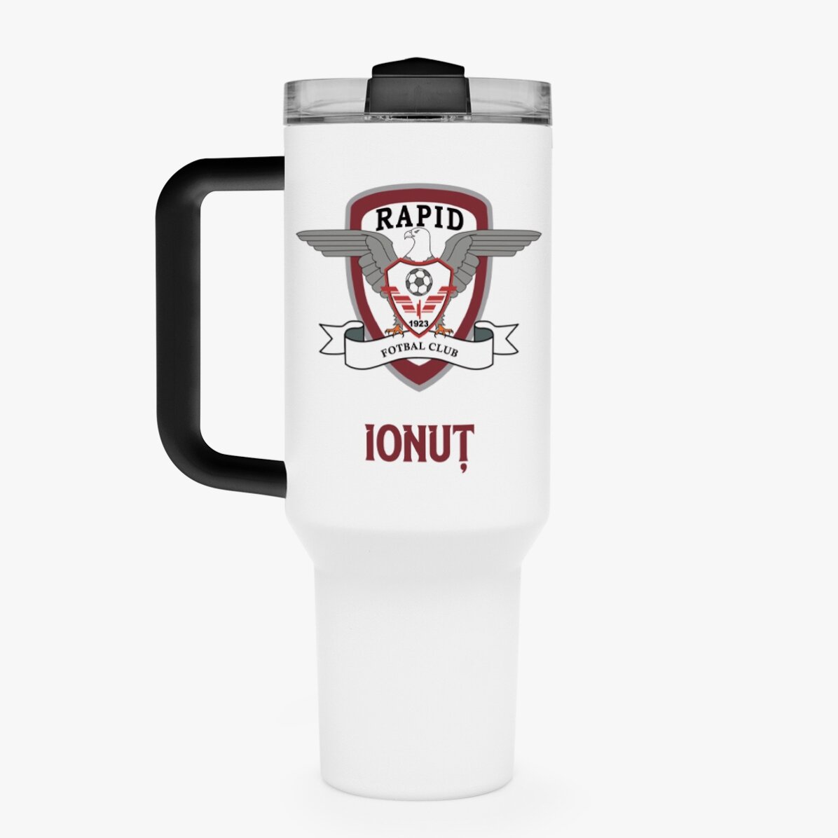 Cană termos FC Rapid cu mâner și pai personalizată cu logo și nume