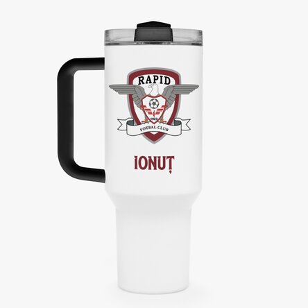 Cană termos FC Rapid cu mâner și pai personalizată cu logo și nume