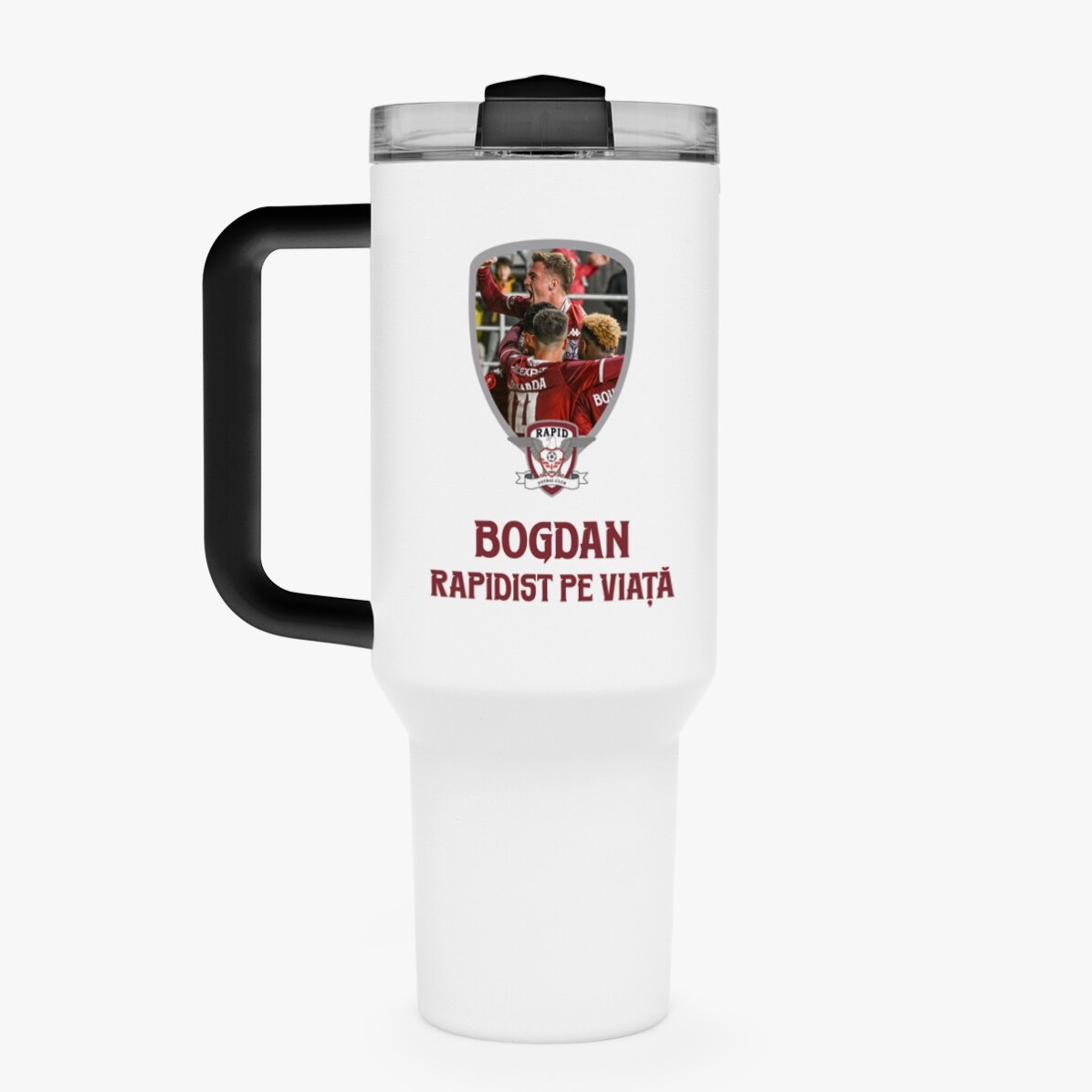 Cană termos FC Rapid cu mâner și pai personalizată cu poză și text 