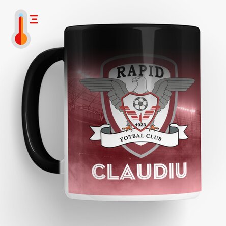 Cană termosensibilă FC Rapid personalizată cu poză și text - Suntem peste tot acasă 