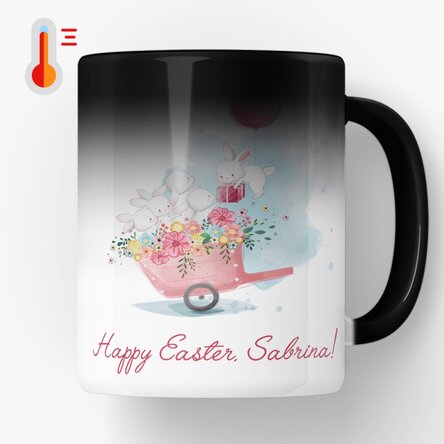 Cană termosensibilă personalizată cu text - Iepurașii veseli