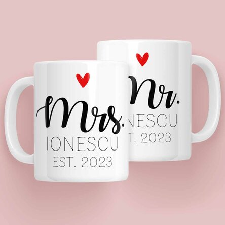 Cani pentru cuplu cu text - Mrs & Mr