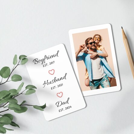 Card aluminiu personalizat față-verso cu mesaj și o poză portret