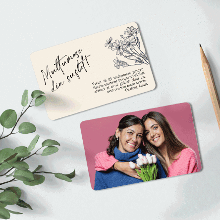 Card aluminiu personalizat față-verso cu o poza și text - Mesaj de apreciere