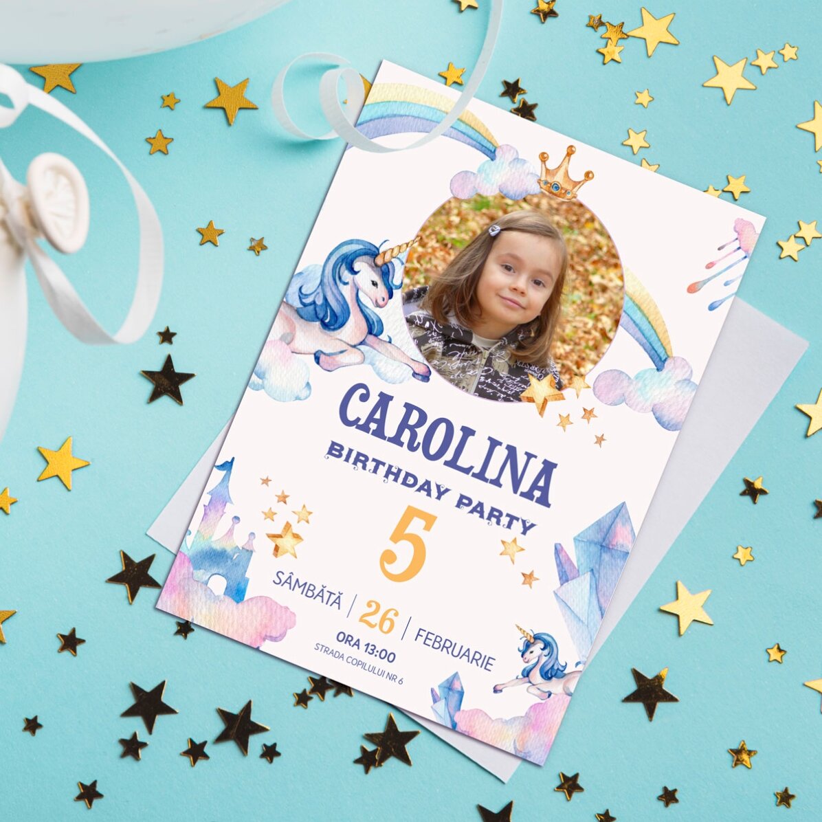 Card personalizat cu o poză și text - Invitatie de zi de naștere