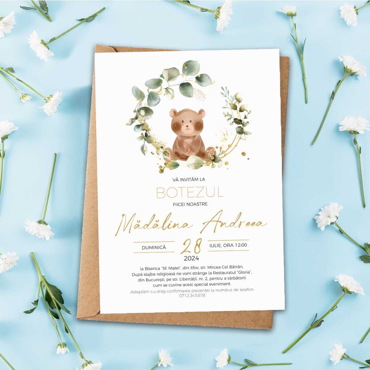 Card personalizat cu text - Invitatie pentru botez - Micul Ursuleț