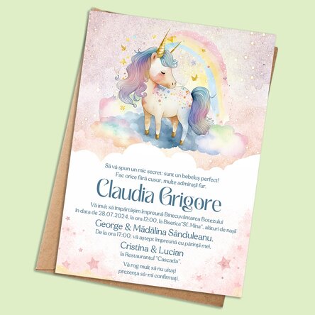 Card personalizat cu text - Invitatie pentru botez - Unicorn Univers