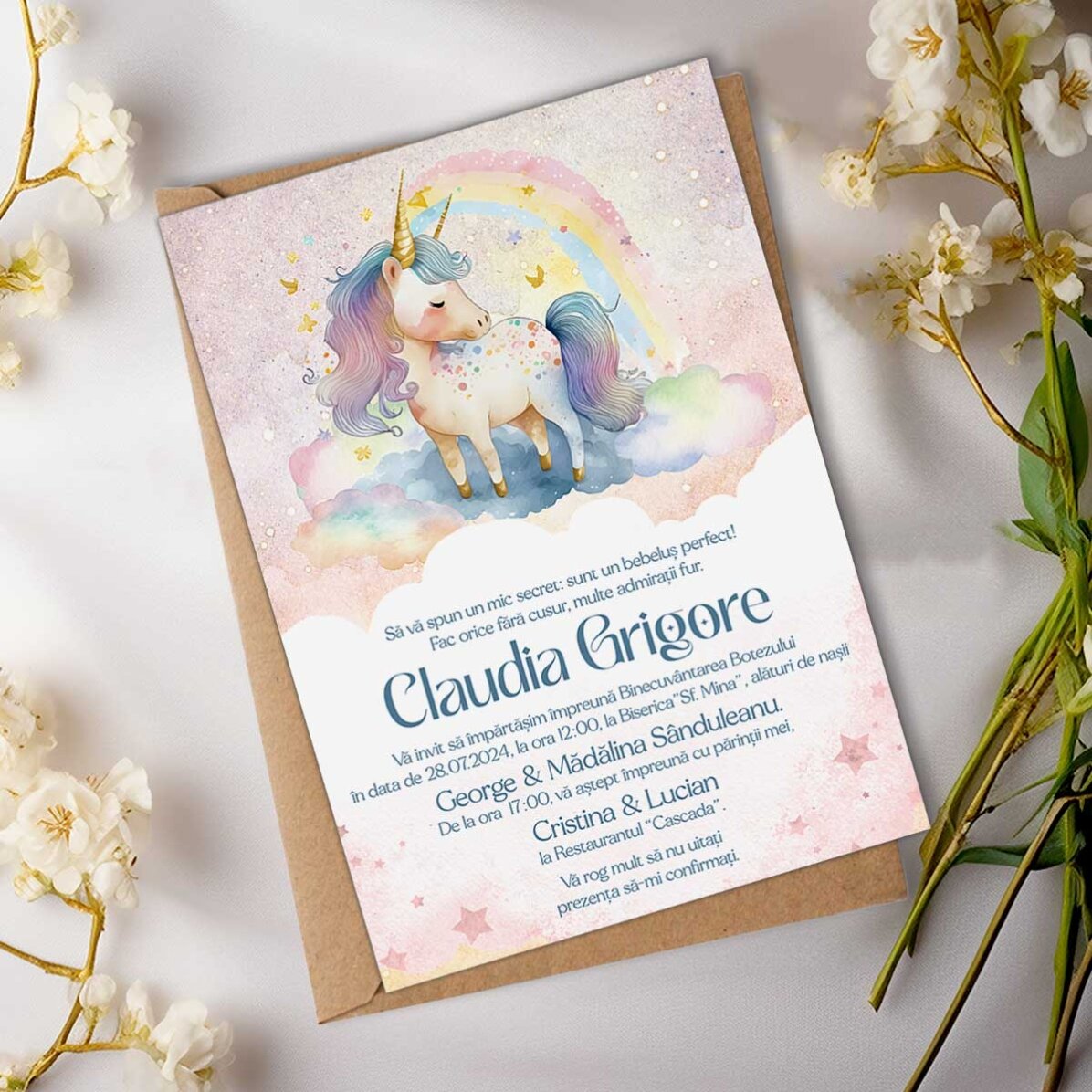 Card personalizat cu text - Invitatie pentru botez - Unicorn Univers