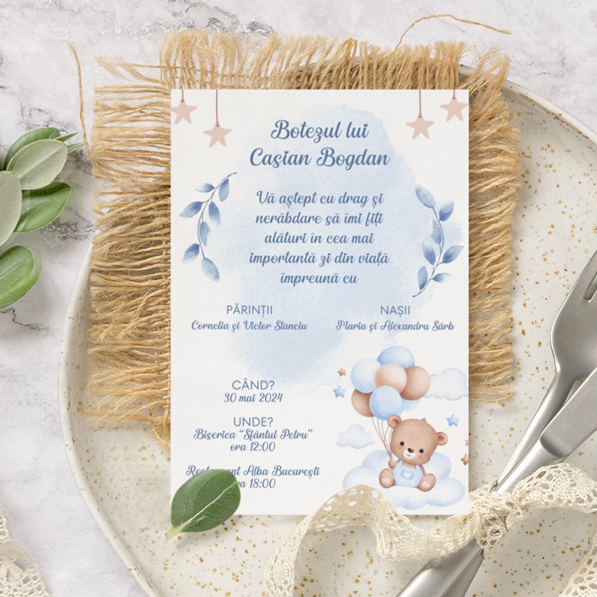 Card personalizat cu text - invitație pentru botez - Ursuleț