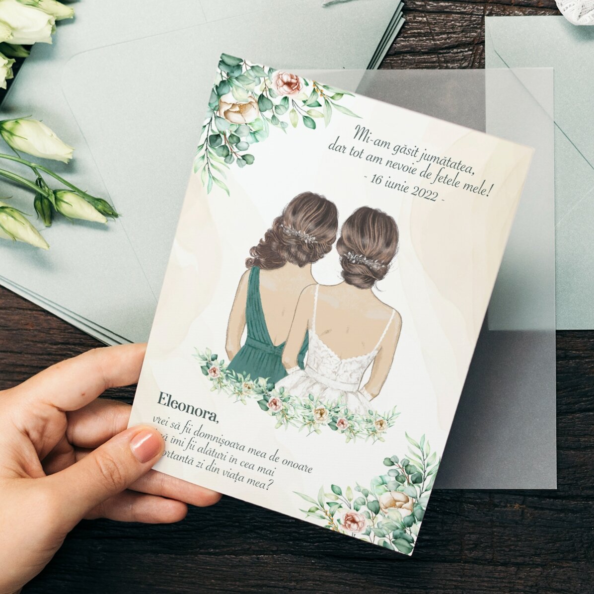 Card personalizat cu text pentru domnișoarele de onoare