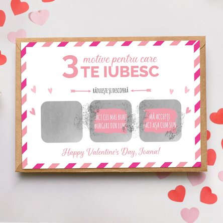 Card răzuibil personalizat cu mesaj - 3 motive pentru care te iubesc