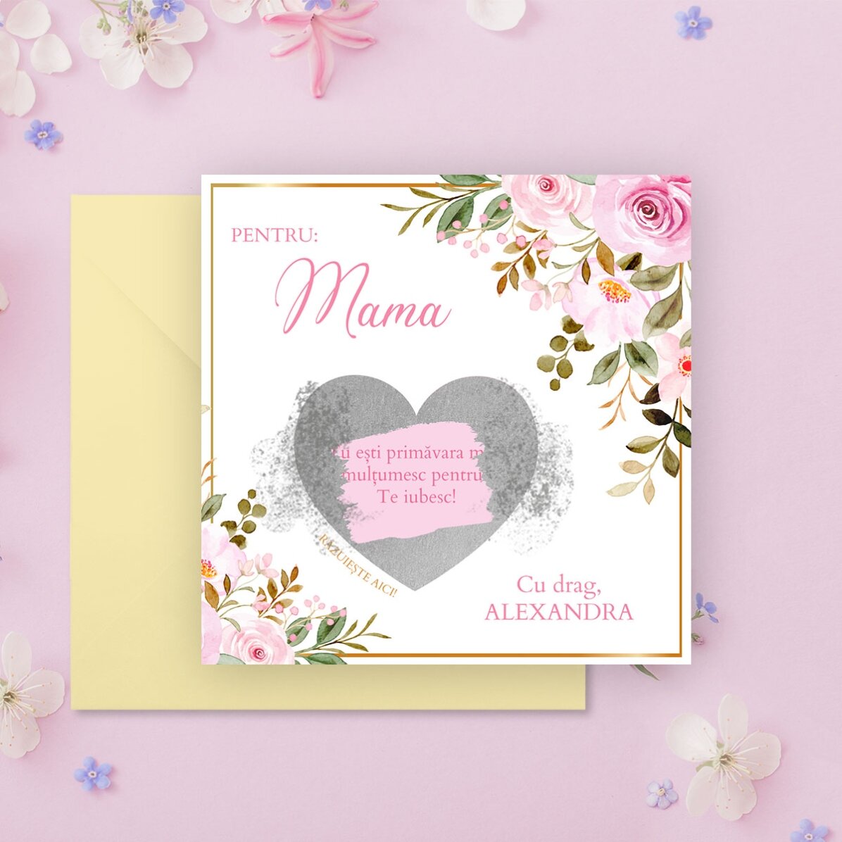 Card răzuibil personalizat cu mesaj - model floral