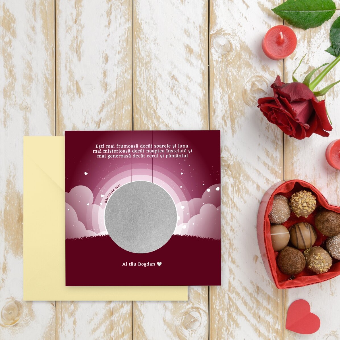 Card răzuibil personalizat cu mesaj - Peisaj nocturn de Valentine