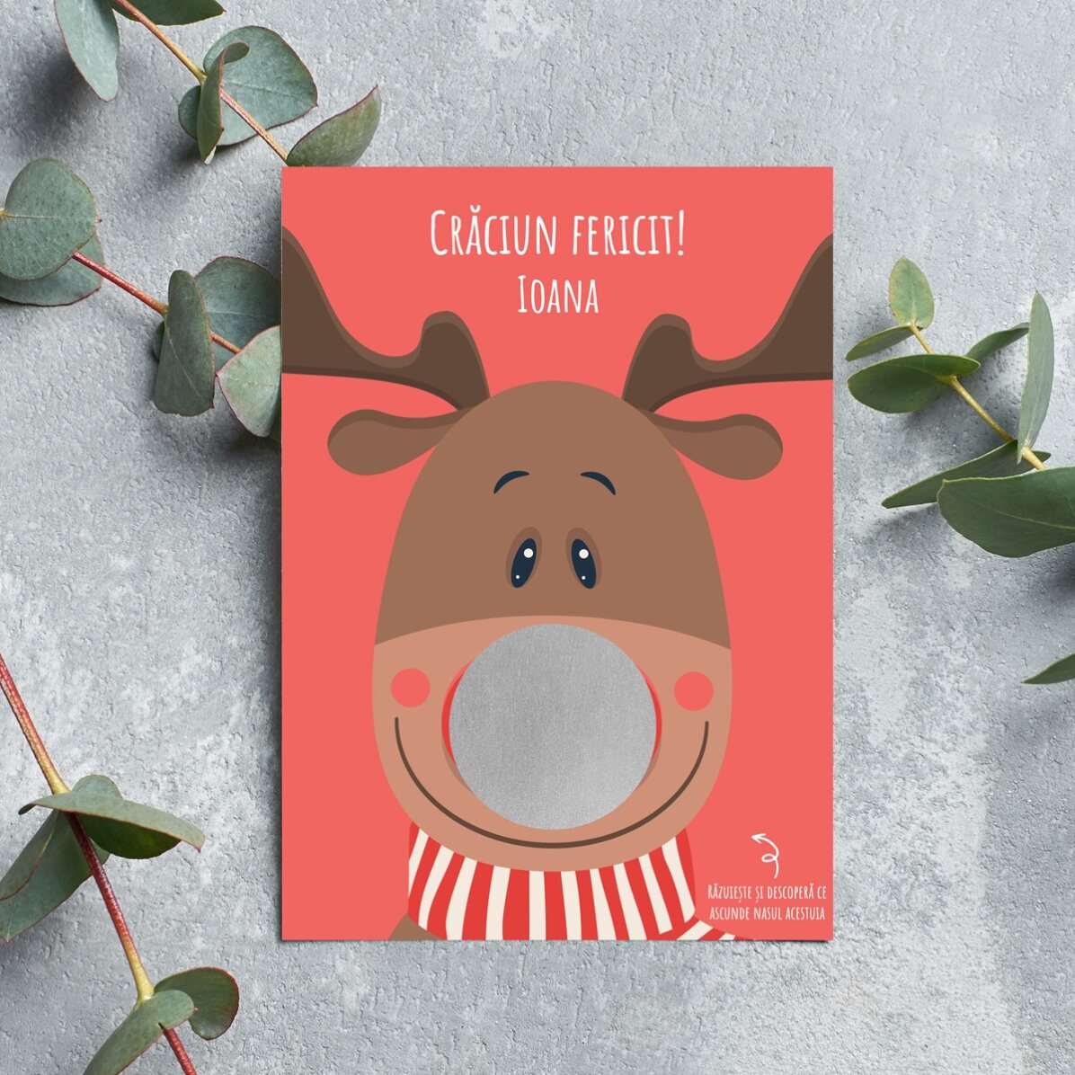 Card răzuibil personalizat de Crăciun - Model Ren