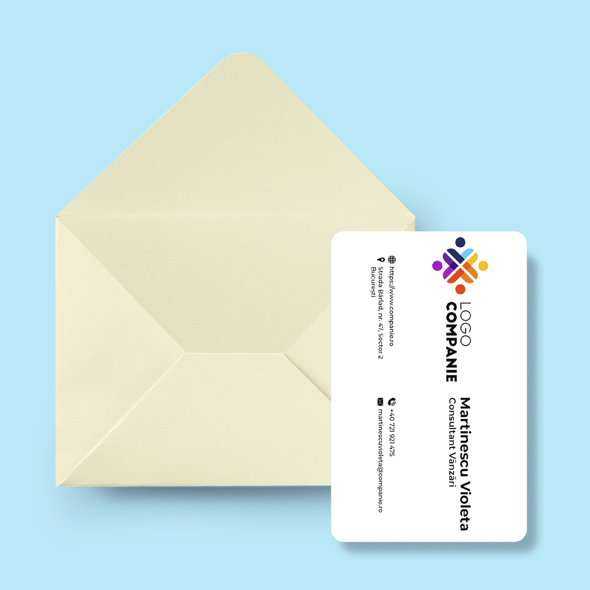 Carte de vizită aluminiu personalizată față-verso cu cod QR și date de contact