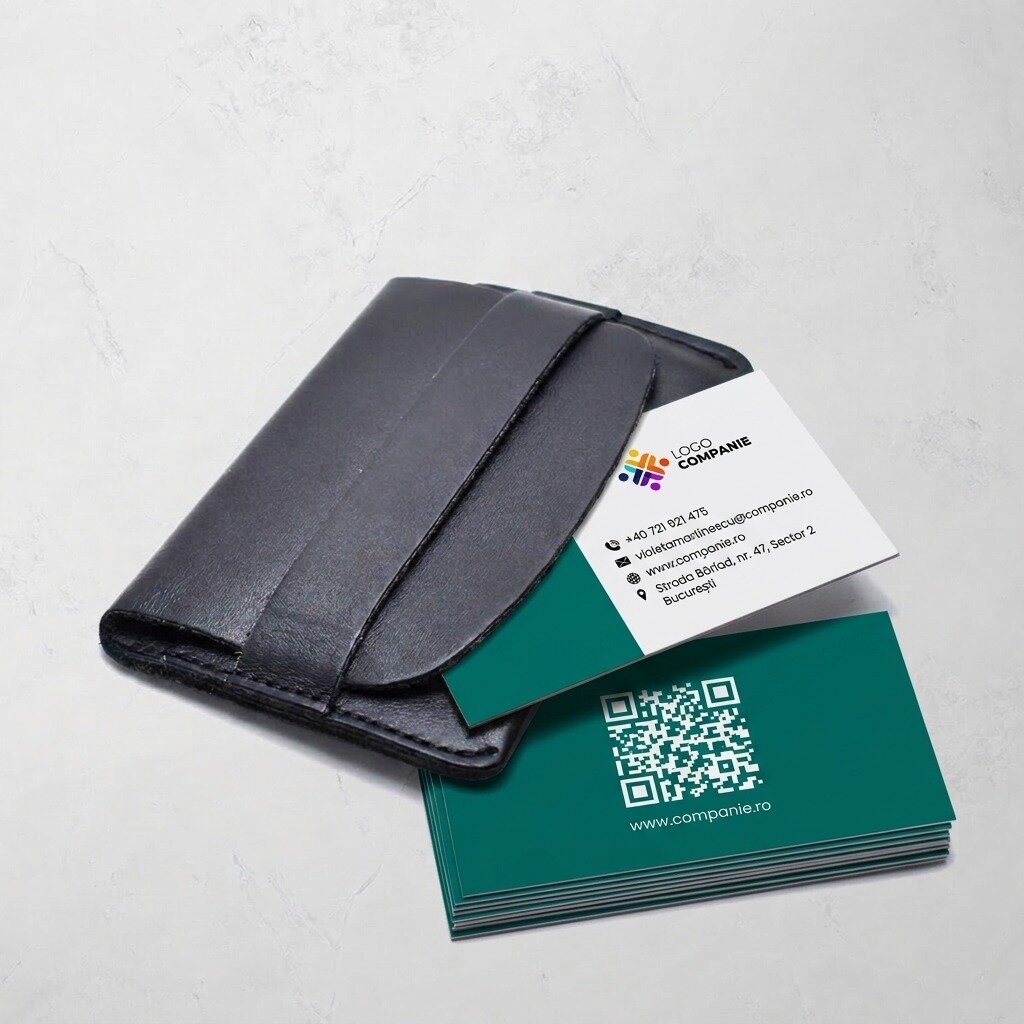 Személyre szabott papír névjegykártyák, színes sávos dizájnnal, logóval és QR-kóddal