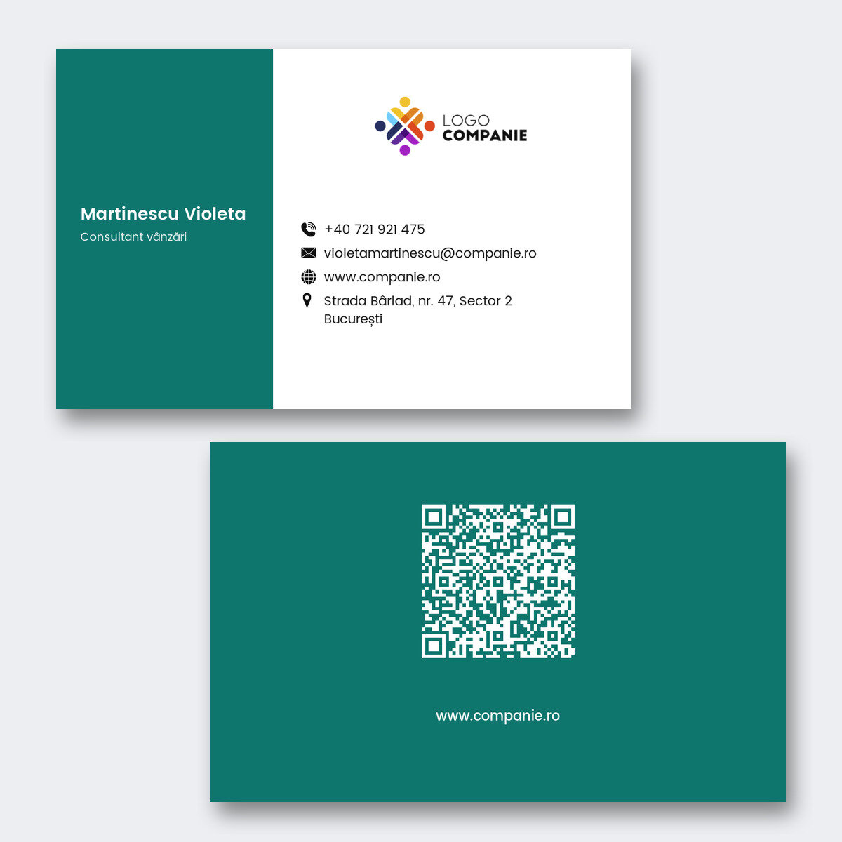 Személyre szabott papír névjegykártyák, színes sávos dizájnnal, logóval és QR-kóddal