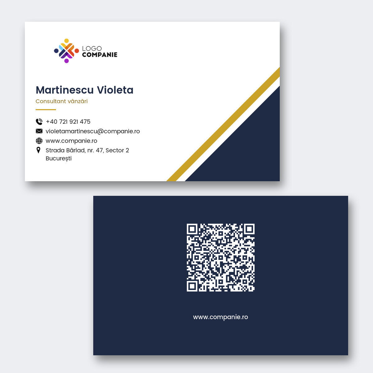 Személyre szabott papír névjegykártyák, geometrikus mintázat, logó és QR-kód