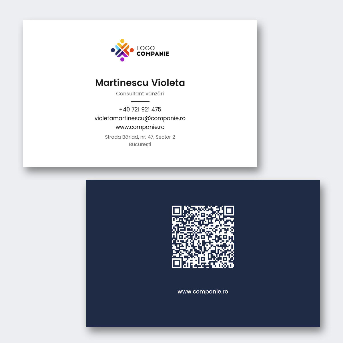 Személyre szabott papír névjegykártyák, minimalista dizájn, logó és QR-kód