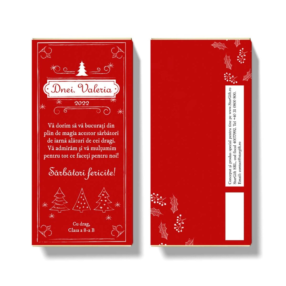 Ciocolată personalizată cu mesaj de Crăciun pentru profesori