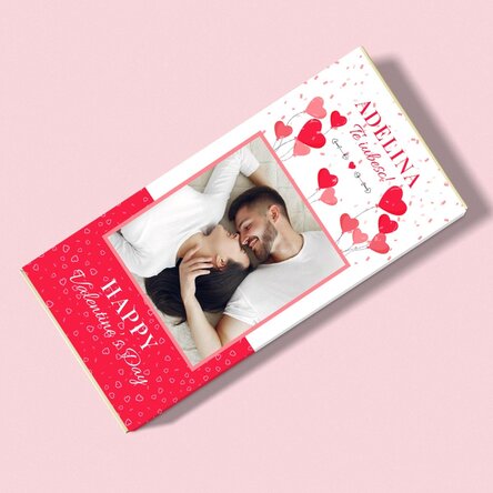 Ciocolată personalizată cu o poză și text - Baloane și inimioare