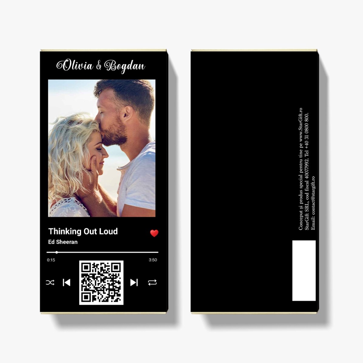 Ciocolată personalizată cu o poză, text și cod QR - Melodia noastră