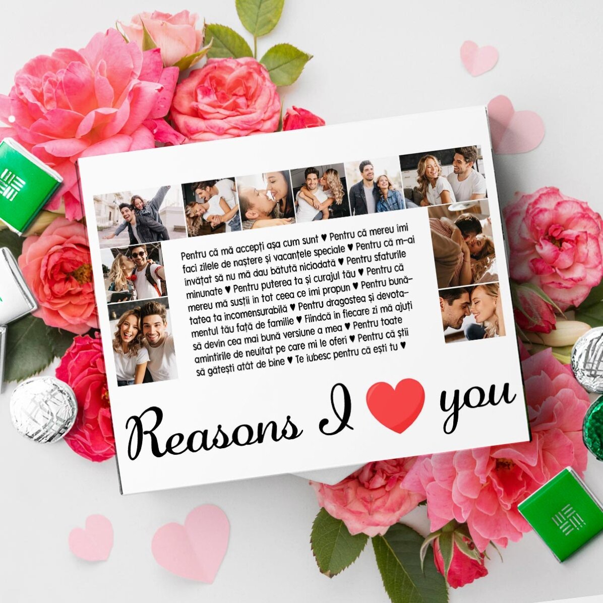 Cutie de bomboane personalizată cu 20 poze și text - Reasons I love you