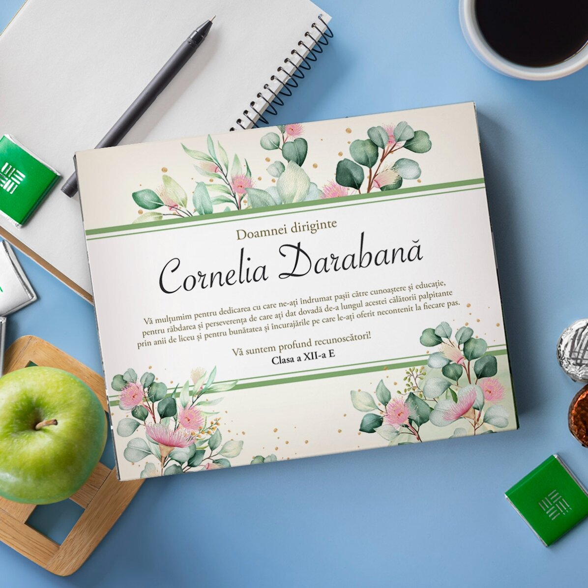 Cutie de bomboane personalizată cu mesaj de mulțumire pentru Doamna Dirigintă