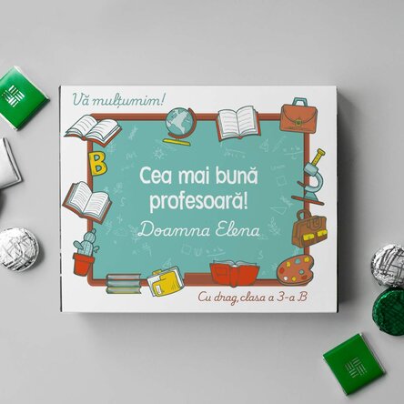 Cutie de bomboane personalizată cu mesaj de mulțumire pentru profesori