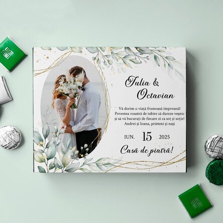 Cutie de bomboane personalizată cu mesaj și o poză - Casă de piatră