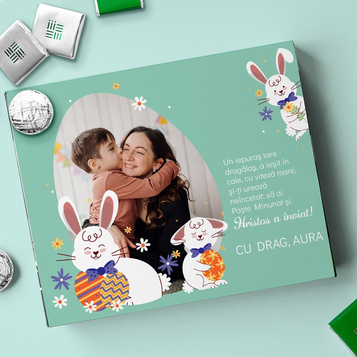 Cutie de bomboane personalizată cu o poză și mesaj - Iepuraș