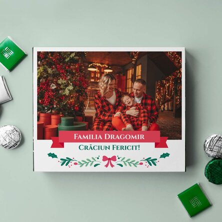 Cutie de bomboane personalizată cu o poză și text - Crăciun Fericit!