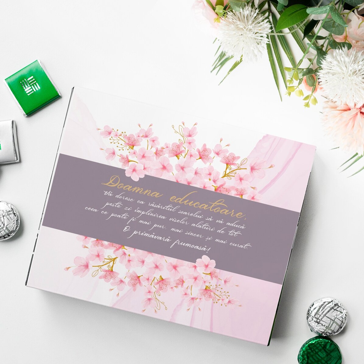 Cutie de bomboane personalizată cu text - O primăvară frumoasă!