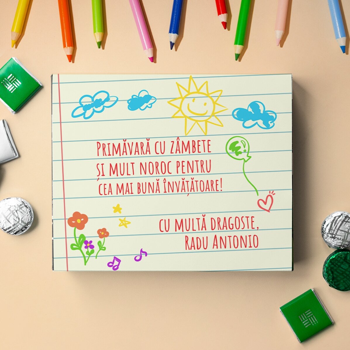 Cutie de bomboane personalizată cu text pentru educatoare