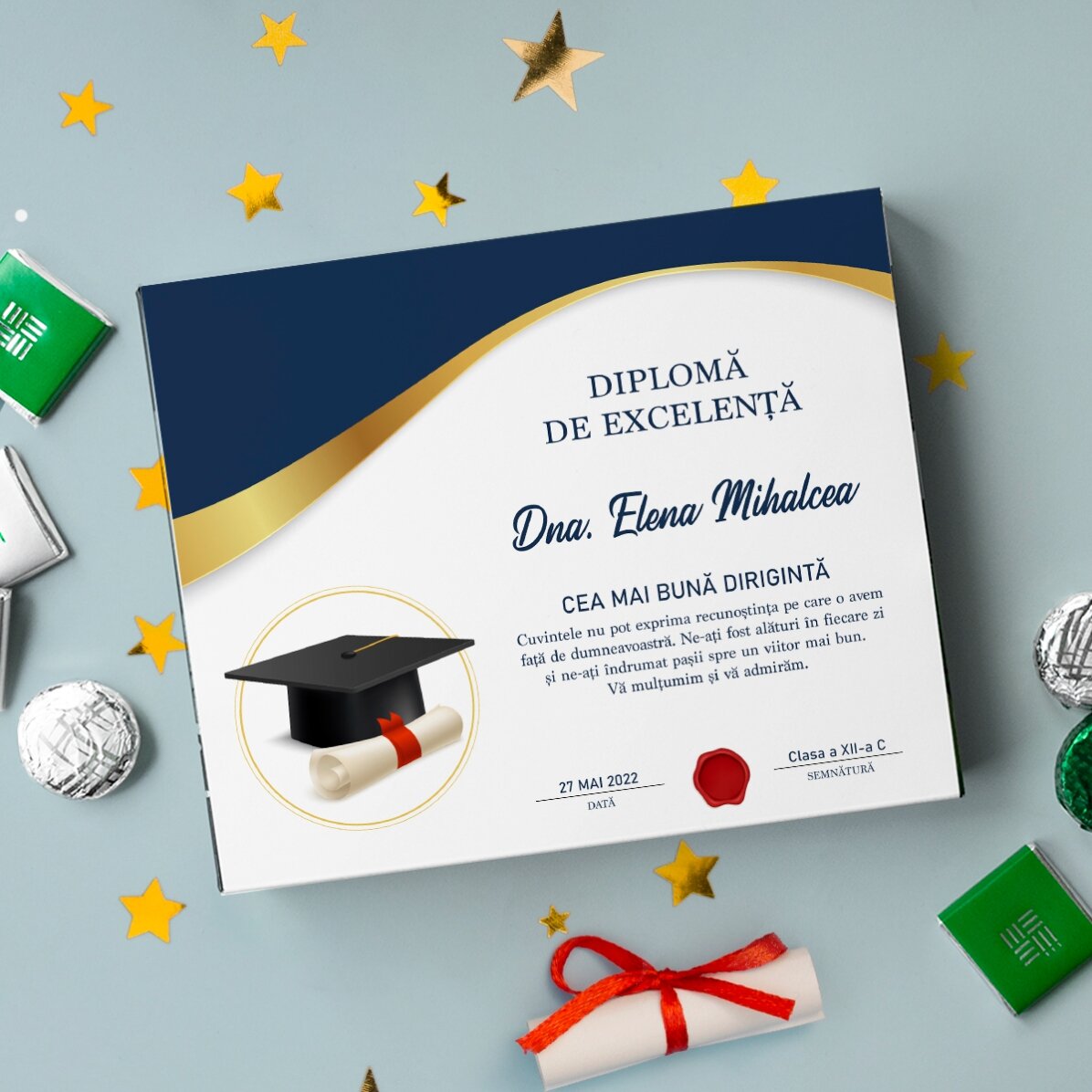 Cutie de bomboane personalizată cu text pentru profesori - Absolvire