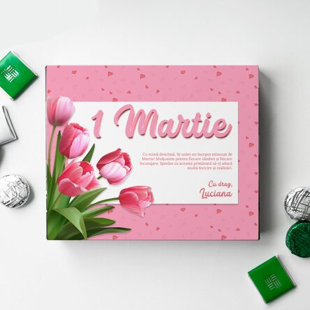 Cutie de bomboane personalizată cu text - Pink tulips