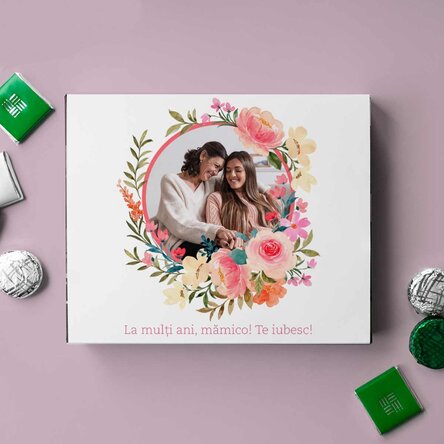 Cutie de bomboane personalizată cu text și poză - Flori