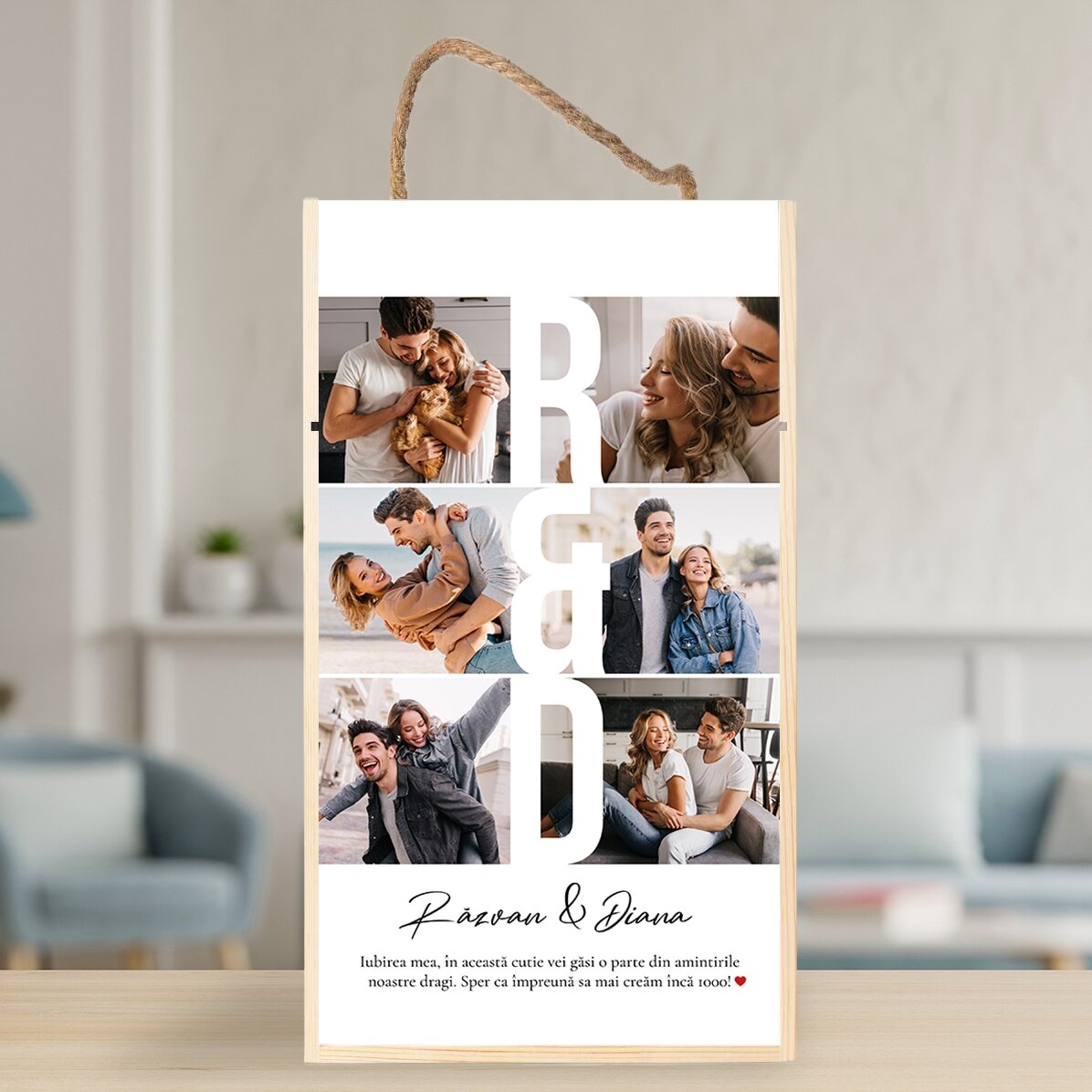 Cutie de cadou din lemn personalizată cu 6 poze și mesaj - Amintiri dragi