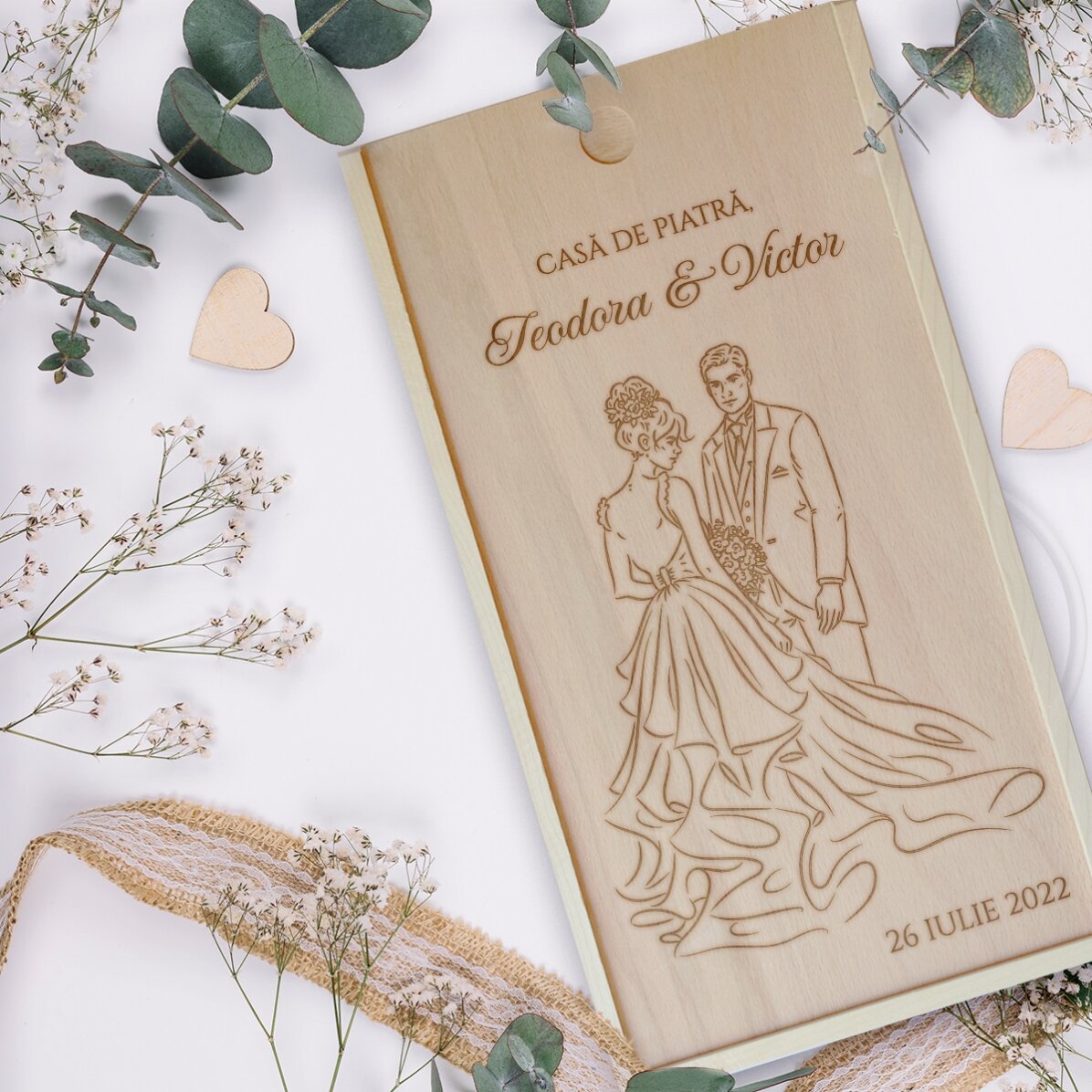 Cutie de cadou personalizată din lemn cu mesaj - Casă de piatră