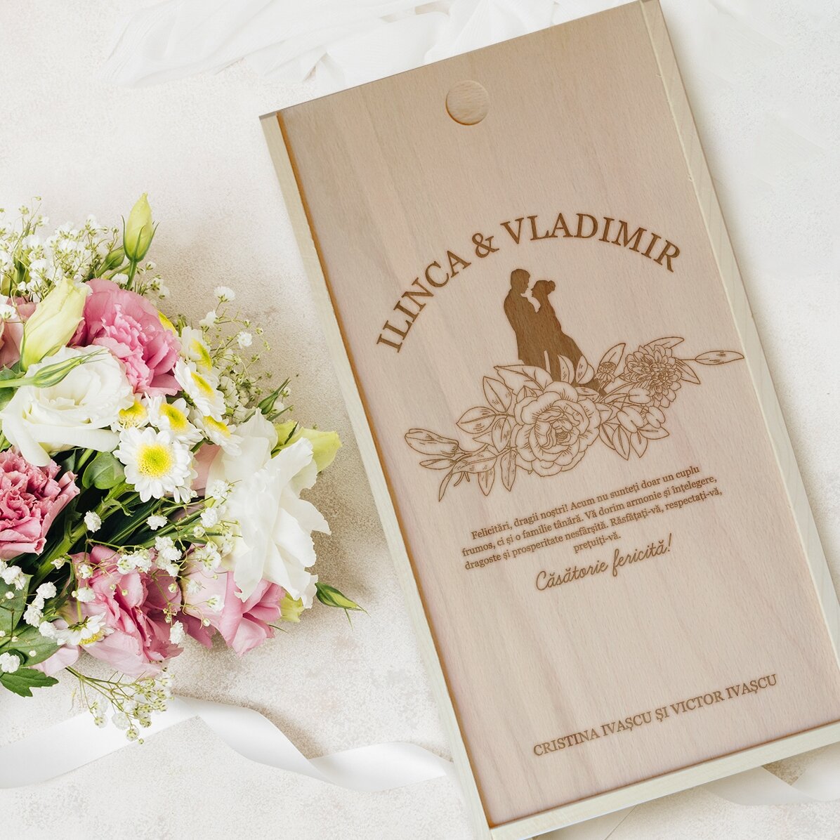 Cutie de cadou personalizată din lemn cu mesaj - Dar de nuntă