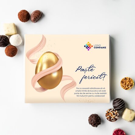 Luxus szarvasgomba doboz, logóval és húsvéti üzenettel személyre szabva