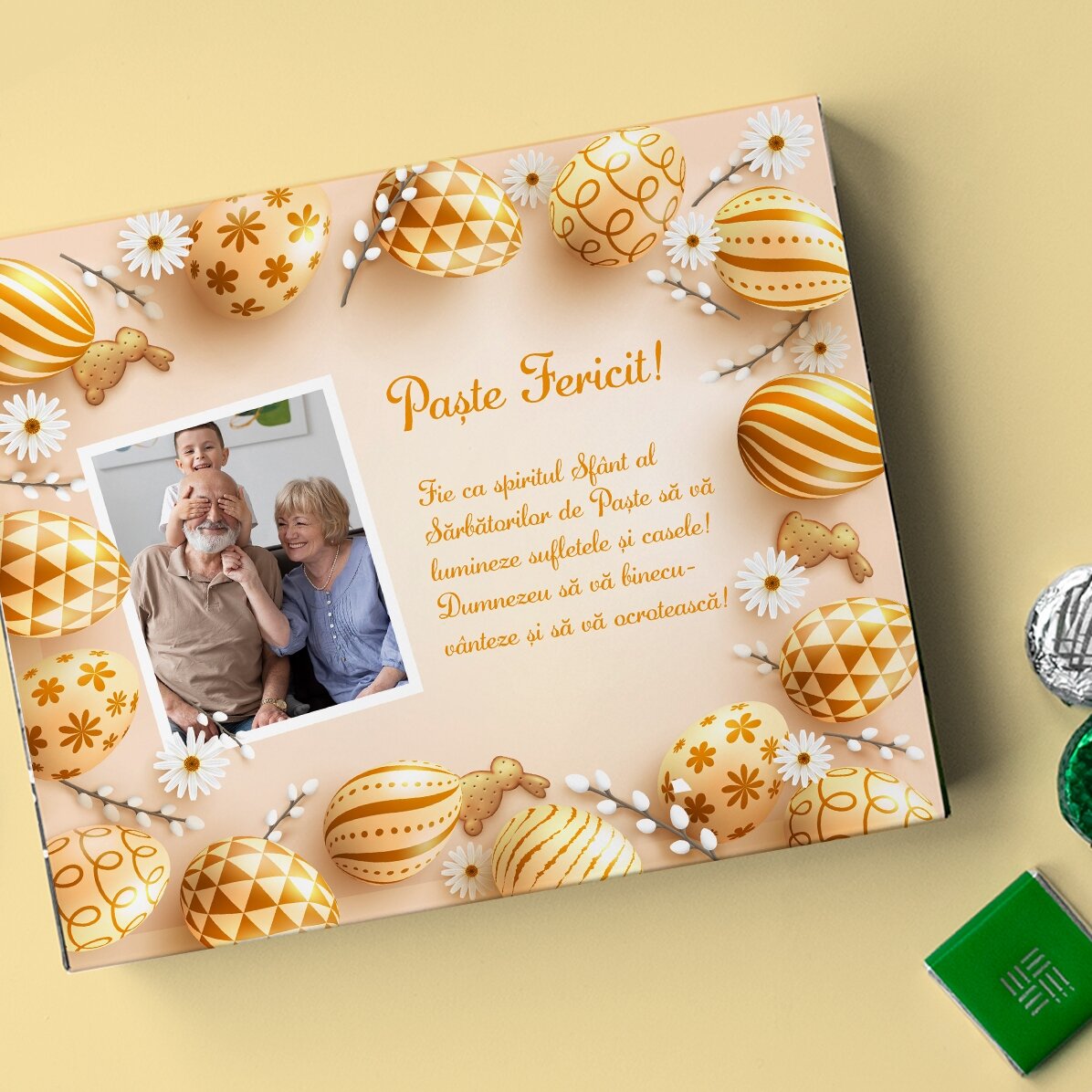 Cutie de bomboane personalizată cu o poză și mesaj - Paște Fericit!