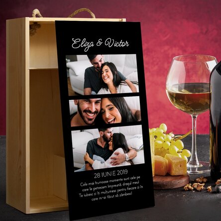 Cutie de vin pentru 2 sticle personalizată cu 3 poze și mesaj pentru cei dragi